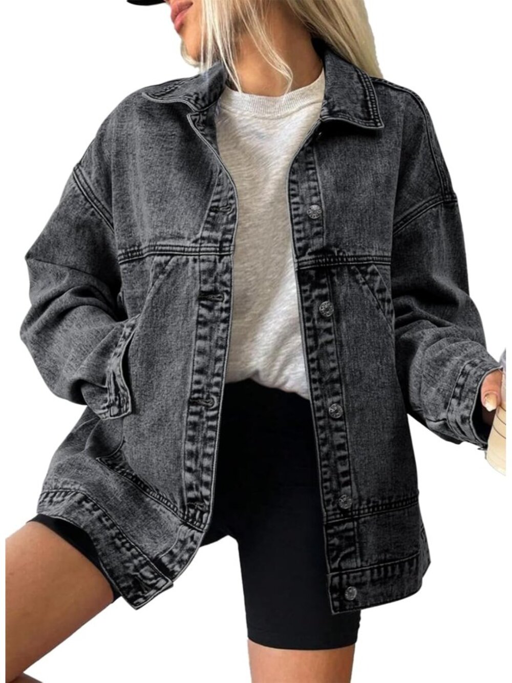 Women's Dark Grey Long Sleeve Fall Winter Casual Pockets Jean Jacket Coat